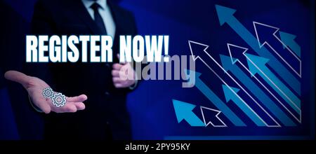 Visualizzazione concettuale Registrati ora. Panoramica aziendale Nome in una lista ufficiale arruolarsi per essere membro Iscriviti Foto Stock