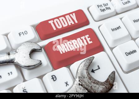 Testo che mostra Inspiration Migrate. Concetto di Internet per spostarsi o viaggiare da un paese o località ad un altro Foto Stock