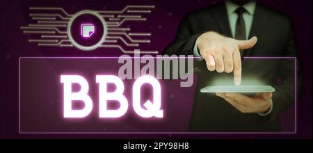 Didascalia di testo con BBQ. Business approccio di solito fatto all'aperto fumando carne su legno o carbone Foto Stock