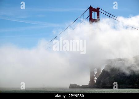 Un piccolo yacht naviga sotto il Golden Gate Bridge a San Francisco mentre la nebbia scorre al largo dell'Oceano Pacifico. Foto Stock