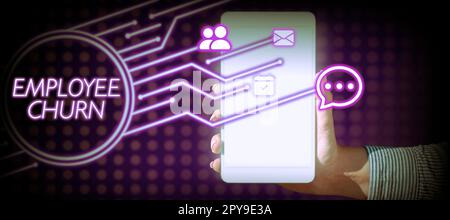 Ispirazione che mostra il segno Employee Churn. Parola per tasso di cambio di lavori esistenti sono persi e nuovi aggiunti Foto Stock