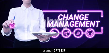Didascalia di testo che presenta Change Management. Panoramica aziendale Sostituzione della leadership in un'organizzazione nuove politiche Foto Stock