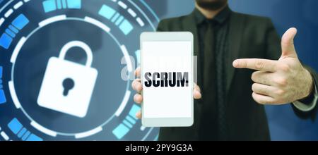 Scrittura visualizzazione testo Scrum. Parola scritta sulla scrittura a mano come distinto dai caratteri scritti di stampa di gioco Foto Stock