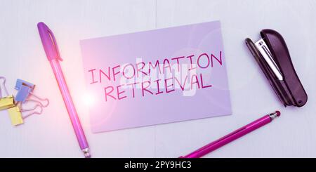 Simbolo di testo che mostra il recupero delle informazioni. Idea di business Un luogo in cui i dati sono memorizzati e possono essere trovati Foto Stock
