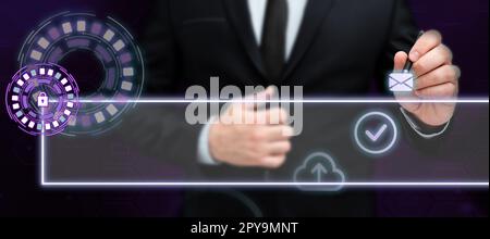 Uomo d'affari in uniforme da ufficio con penna che scrive sullo schermo presentando la tecnologia futuristica. Tecnico di laboratorio che utilizza Stylus prendendo appunti che mostrano l'automazione moderna. Foto Stock