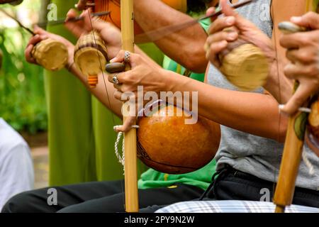 Diversi musicisti suonano uno strumento musicale afro-brasiliano di percussioni chiamato berimbau durante una performance di capoeira nelle strade del Brasile Foto Stock