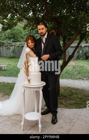 gli sposi novelli tagliano e assaggiano la torta nuziale Foto Stock