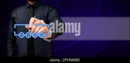 Uomo d'affari in uniforme da ufficio con penna che scrive sullo schermo presentando la tecnologia futuristica. Tecnico di laboratorio che utilizza Stylus prendendo appunti che mostrano l'automazione moderna. Foto Stock