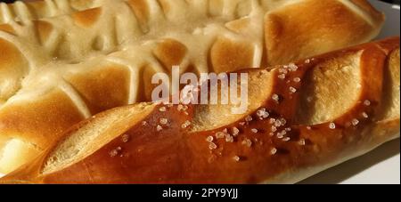 Deliziosi appetitosi panini di grano grasso appena sfornati cosparsi di sale e sugo di carne salata. Primo piano. Pane bianco contenente glutine, molte calorie e carboidrati. Colazione veloce tutti i giorni. Diabete Foto Stock