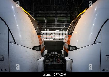 Foto delle piattaforme di Koln Hbf a Colonia, Germania. Köln Hauptbahnhof o stazione centrale di Colonia è una stazione ferroviaria di Colonia, in Germania. Le Foto Stock