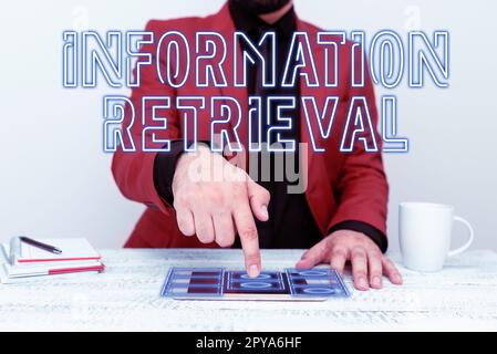 Scrittura visualizzazione testo recupero informazioni. Parola scritta su Un luogo in cui i dati sono memorizzati e possono essere trovati Foto Stock