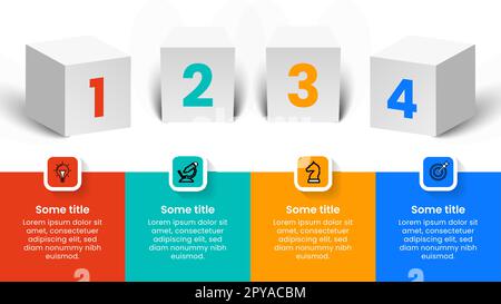 Modello infografico con icone e 4 opzioni o passaggi. 3D cubi. Può essere utilizzato per il layout del flusso di lavoro, il diagramma, il banner, il webdesign. Illustrazione vettoriale Illustrazione Vettoriale