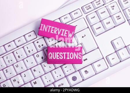 Firmare le domande di colloquio di visualizzazione. Concetto del Internet soggetto tipico che è chiedere o domandare durante un'intervista Foto Stock