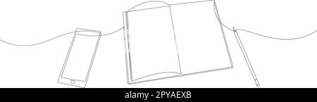 Spazio di lavoro moderno, disegno a una linea, smartphone, libro e matita disegnati a mano. Simboli del lavoro creativo e del lavoro digitale aziendale Illustrazione Vettoriale