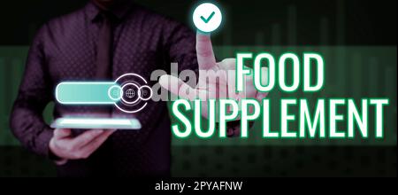 Ispirazione che mostra il segno Food Supplement. Panoramica aziendale Condizioni e pratiche che preservano la qualità del cibo Foto Stock