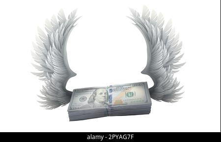 Banconote da cento dollari con ali su sfondo bianco Foto Stock