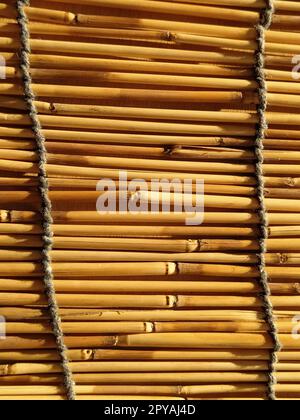 Una biancheria da letto in paglia, una tovaglia o un piccolo tappeto appoggiato su un tavolo e fotografato lateralmente. La luce del sole della sera si riflette sui gambi. Alcuni bastoncini sono rotti, fili e funi sono intrecciati Foto Stock