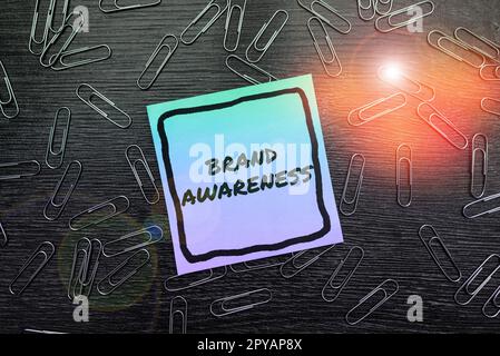 Esposizione concettuale consapevolezza del marchio. Il nome di idea di affari identifica un bene del venditore come distinto da quelli di altro venditore Foto Stock