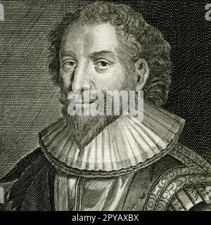 William Herbert, III conte di Pembroke (1580-1630), da cui prende il nome il Pembroke College di Oxford. Il college fu fondato nel 1624 da re Giacomo i d'Inghilterra e vi di Scozia. William Herbert, con suo fratello Philip, fu uno degli "incomparabili paire of Brothren" a cui fu dedicato il primo Folio delle opere di Shakespeare. Dettaglio dell'incisione creata da George Vertue (1683-1756), dopo un ritratto di Daniel Mytens (1590-1647), a sua volta basato su un dipinto di Sir Anthony van Dyck (1599-1641). Foto Stock