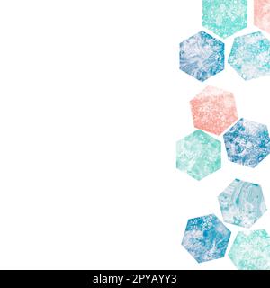 Acrilico fluido Art banner quadrato astratto. Pietre blu, verdi e arancioni e esagoni testurizzati in marmo su sfondo bianco Foto Stock