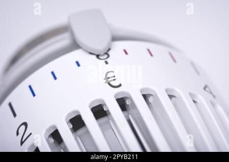 Termostato di un radiatore di riscaldamento con simbolo Euro, aumento dei costi per il concetto di calore ed energia. Foto Stock