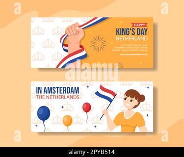 Happy Kings Paesi Bassi Day orizzontale Banner piano Cartoon modelli disegnati a mano sfondo Illustrazione Foto Stock