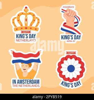 Happy Kings Paesi Bassi etichetta piatta Cartoon modelli disegnati a mano sfondo Illustrazione Foto Stock
