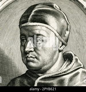 Papa Medici rinascimentale, Leone X (1474-1521). Dettaglio quadrato dell'incisione creata da William Faithorne il Vecchio (1620 - 1691) per la "Storia della riforma" di Johan Sleidan, pubblicata nel 1689. Foto Stock