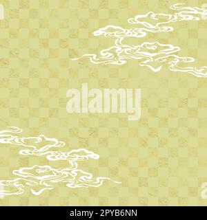 Banner quadrato in stile giapponese. Tradizionale motivo a onde bianche su uno sfondo a scacchi di colore verde con motivo giapponese. Modello con spazio di copia Foto Stock