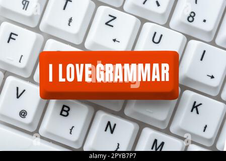 Scrittura che mostra il testo i Love Grammar. Concetto di Internet atto di ammirazione del sistema e della struttura del linguaggio Foto Stock