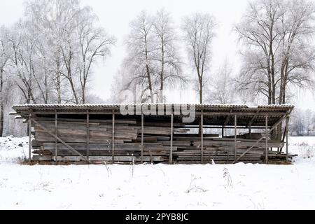 Capannone in legno per lo stoccaggio di tronchi, legname e legna da ardere Foto Stock