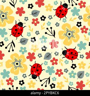 Modello senza cuciture con diversi fiori carini e coccinelle Illustrazione Vettoriale