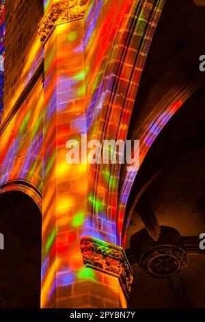 Giochi di luce provocata dal rosone maggiore, Cattedrale di Mallorca , 13th ° secolo, monumento storico-artistico, Palma, maiorca, isole baleari, spai Foto Stock