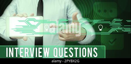 Firmare le domande di colloquio di visualizzazione. Approccio aziendale tipico argomento che è chiedere o chiedere durante un colloquio Foto Stock