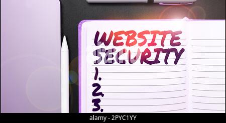 Segno che mostra sicurezza del sito web. Parola scritta su componente critico per proteggere e proteggere i siti web Foto Stock