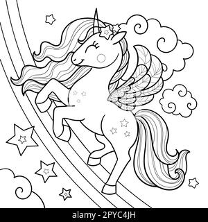 Unicorno. Disegno vettoriale lineare in bianco e nero Illustrazione Vettoriale