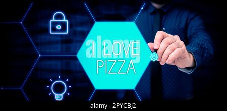Visualizzazione concettuale i Love Pizza. Parola per piacere molto cibo italiano con formaggio prosciutto peperoni a fette Foto Stock