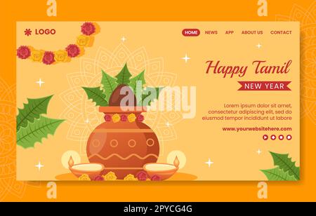 Happy Tamil New Year Social Media Landing Page Cartoon modello disegnato a mano sfondo Illustrazione Foto Stock