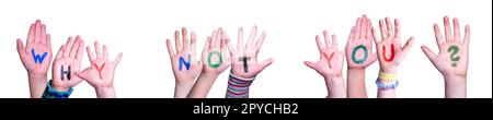 I bambini mani costruire parola perché non voi, sfondo bianco Foto Stock