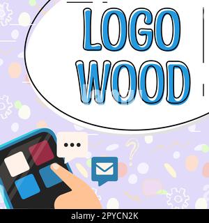 Cartello con logo Wood. Concetto Internet Design riconoscibile o simbolo di un'azienda inscritta su legno Foto Stock