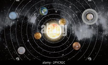 Diagramma del sistema solare con pianeti in orbita attorno al sole. Illustrazione 3D. Foto Stock