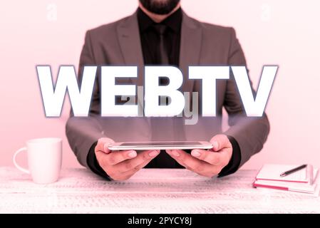 Scrittura visualizzazione testo WebTV. Programmi concettuali di trasmissione via Internet di foto prodotti sia online che tradizionali Foto Stock