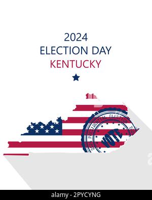 2024 modello vettoriale per le elezioni presidenziali degli Stati Uniti d'America Kentucky. Bandiera degli Stati Uniti, timbro di voto e sagoma Illustrazione Vettoriale