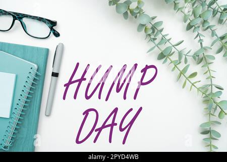 Scrittura a mano segno Hump Day. Business concept arrampicata su una collina proverbiale per passare attraverso una settimana difficile Mercoledì Foto Stock