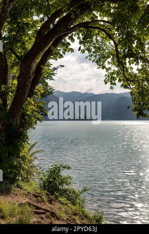 Vista dal lago di Bled nelle alpi slovene Foto Stock