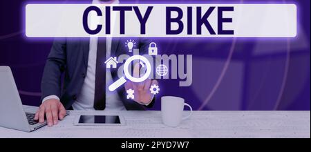 Scrittura a mano City Bike. Idea di business progettata per brevi corse regolari in aree urbane ugualmente pianeggianti Foto Stock