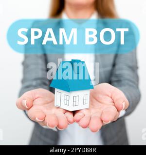 Segno di scrittura a mano Spam Bot. Business showcase programma autonomo su Internet che invia spam agli utenti Foto Stock