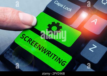 Scrittura visualizzazione testo Screenwriting. Concetto di Internet l'arte e l'arte di scrivere script per la comunicazione mediatica Foto Stock