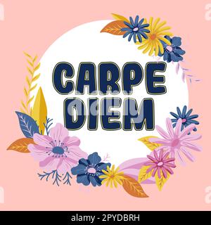 Scrittura visualizzazione testo Carpe Diem. Parola per festival pubblico che la gente suona musica e danza Foto Stock