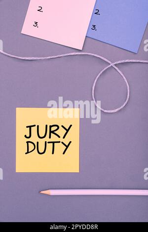 Visualizzazione concettuale Jury Duty. Parola scritta su obbligazione o su un periodo di esercizio della funzione di membro di una giuria in tribunale Foto Stock